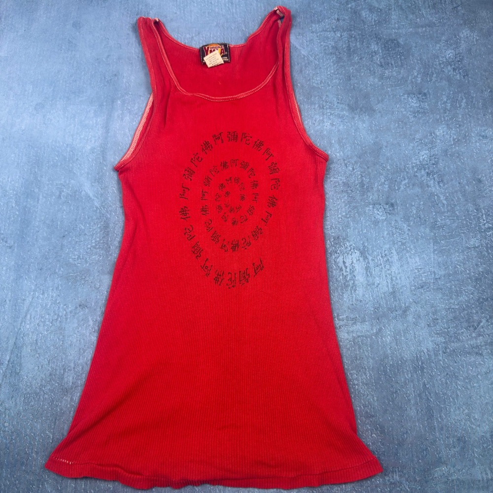 Vintage YMLA Red Ribbed Tank Top Chinese Calligraphy Spiral Graphic Womens M